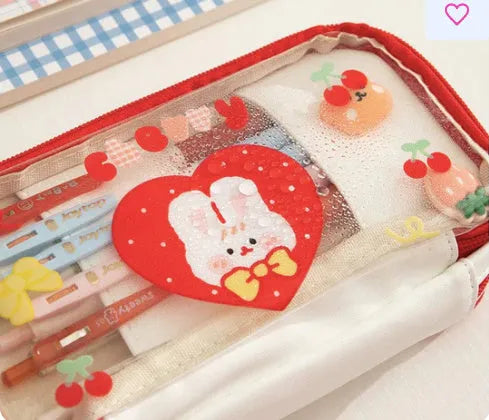 Japanese transparent heart-shaped pen bag with rabbit pattern in TPU material