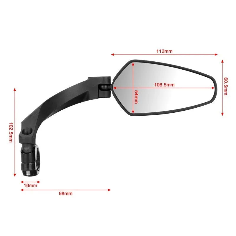 Black PMMA acrylic mountain bike rearview mirror showing left, right, and paired mounting options