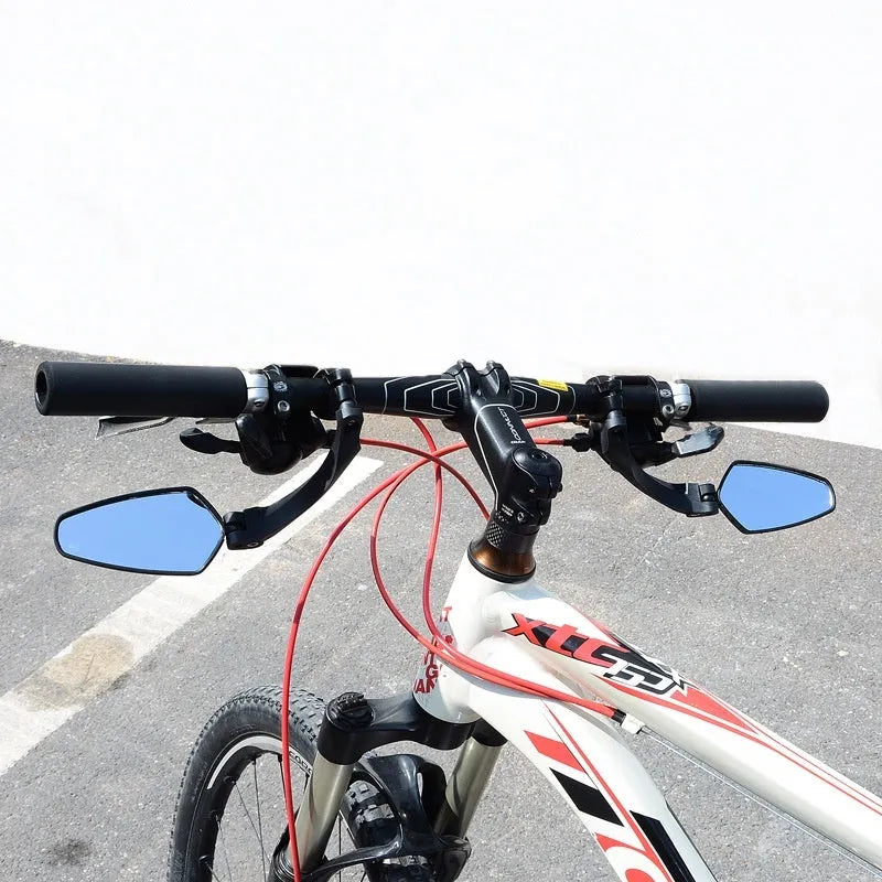 Black PMMA acrylic mountain bike rearview mirror showing left, right, and paired mounting options