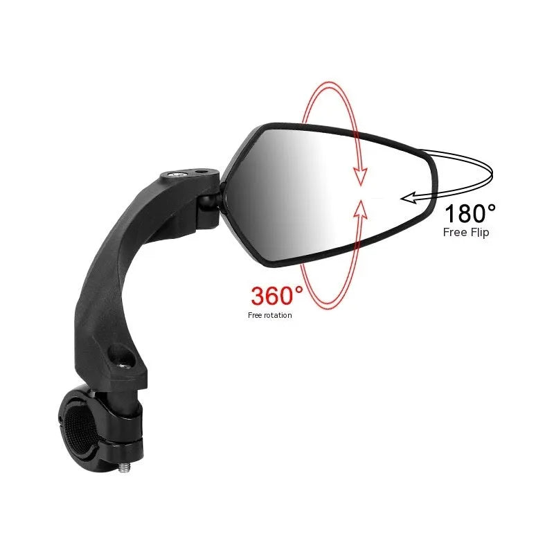 Black PMMA acrylic mountain bike rearview mirror showing left, right, and paired mounting options
