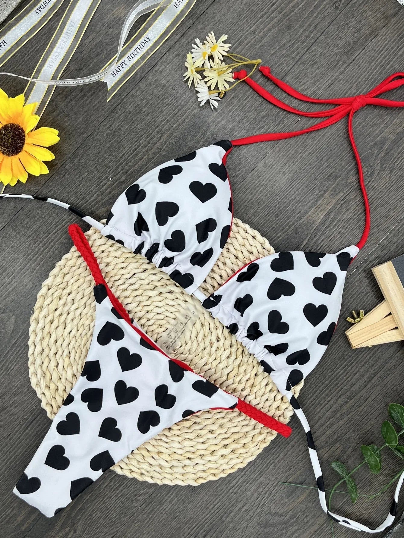 Heart printing backless split swimsuit briefs in quick-drying nylon with cotton lining