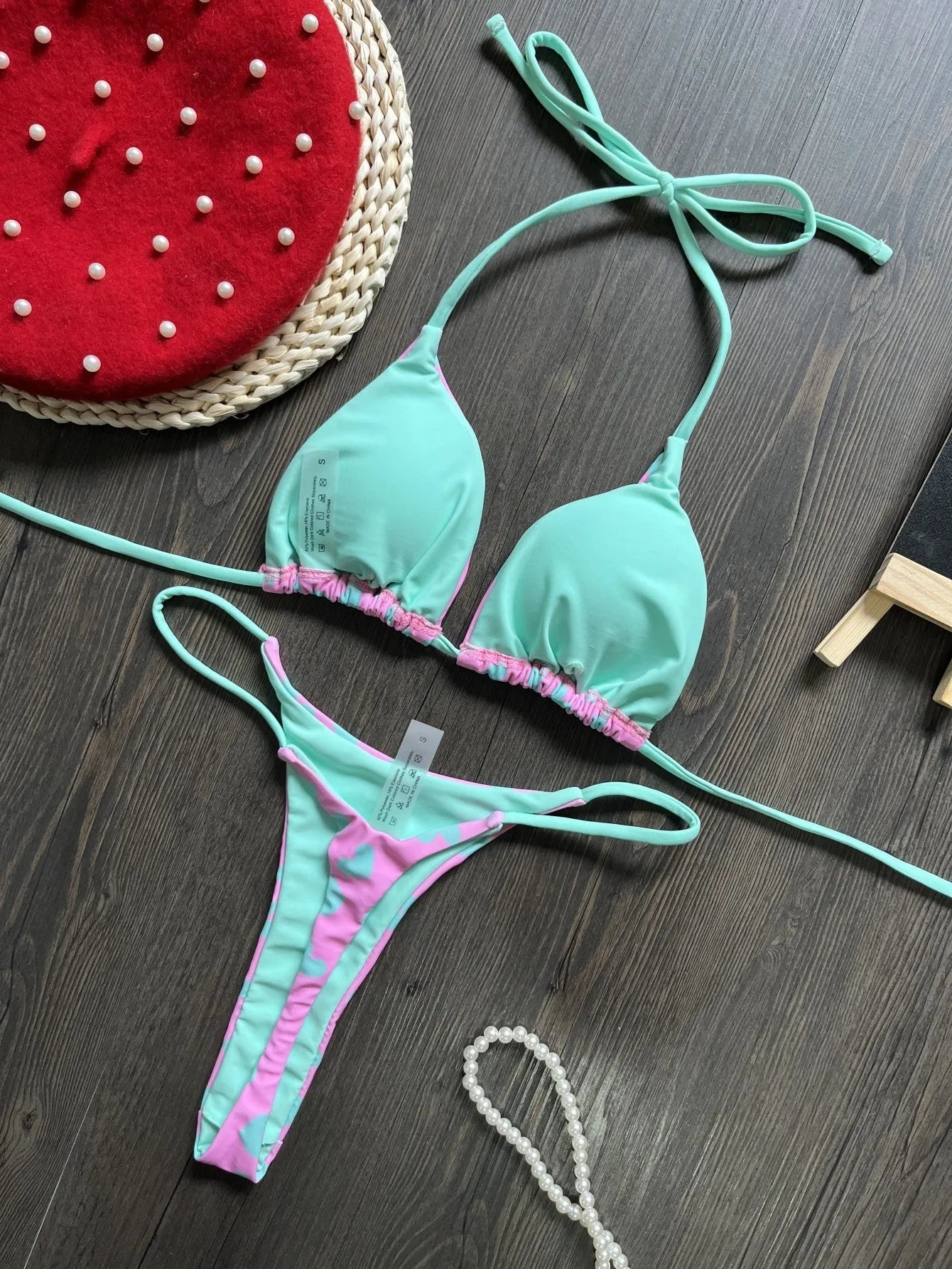 Heart printing backless split swimsuit briefs in quick-drying nylon with cotton lining