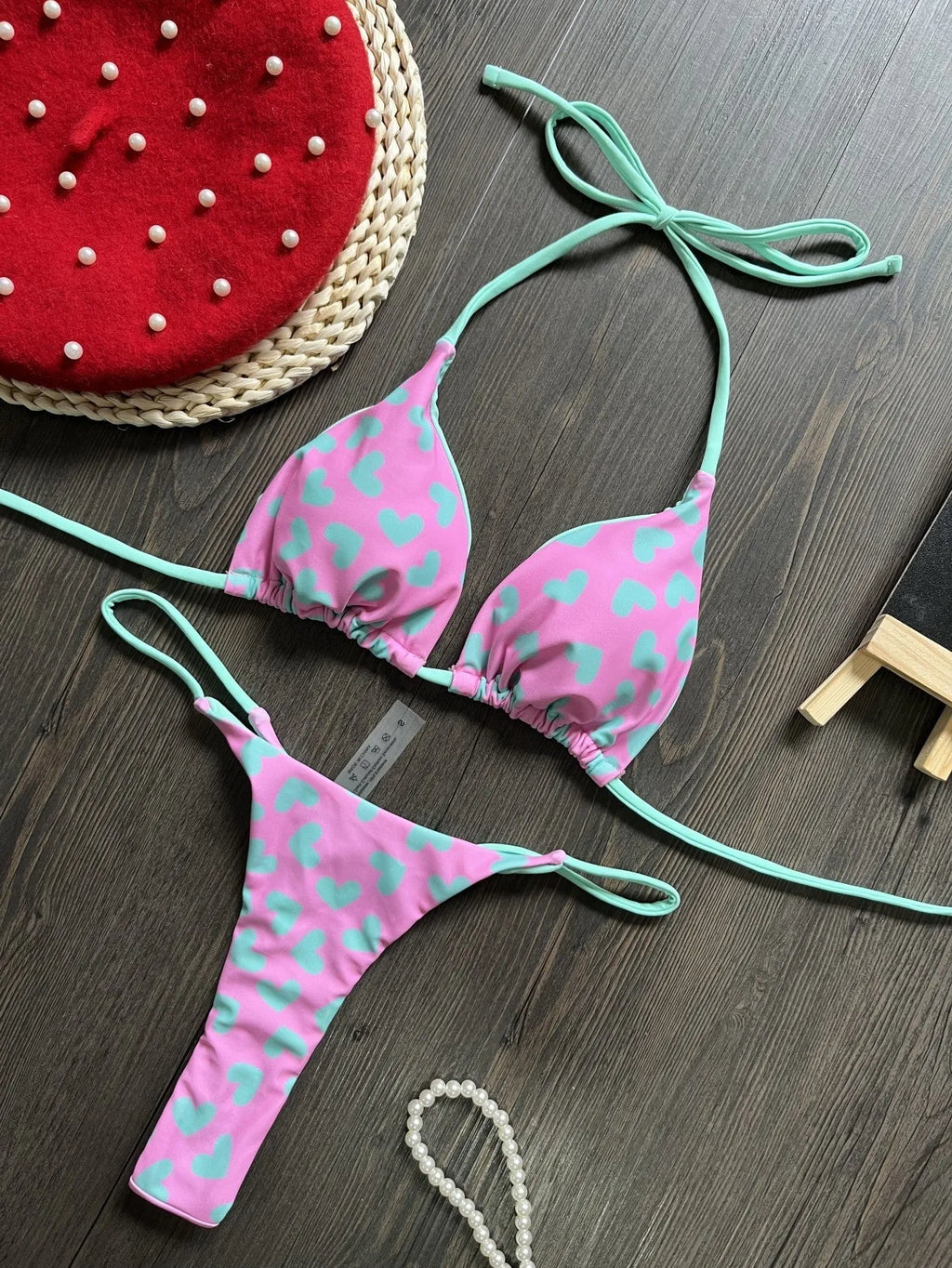 Heart printing backless split swimsuit briefs in quick-drying nylon with cotton lining