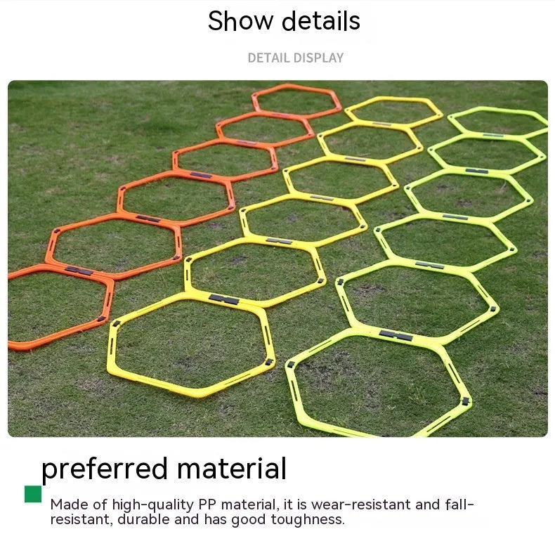 Six foldable hexagon agility training rings in green, orange, and yellow colours for football drills.