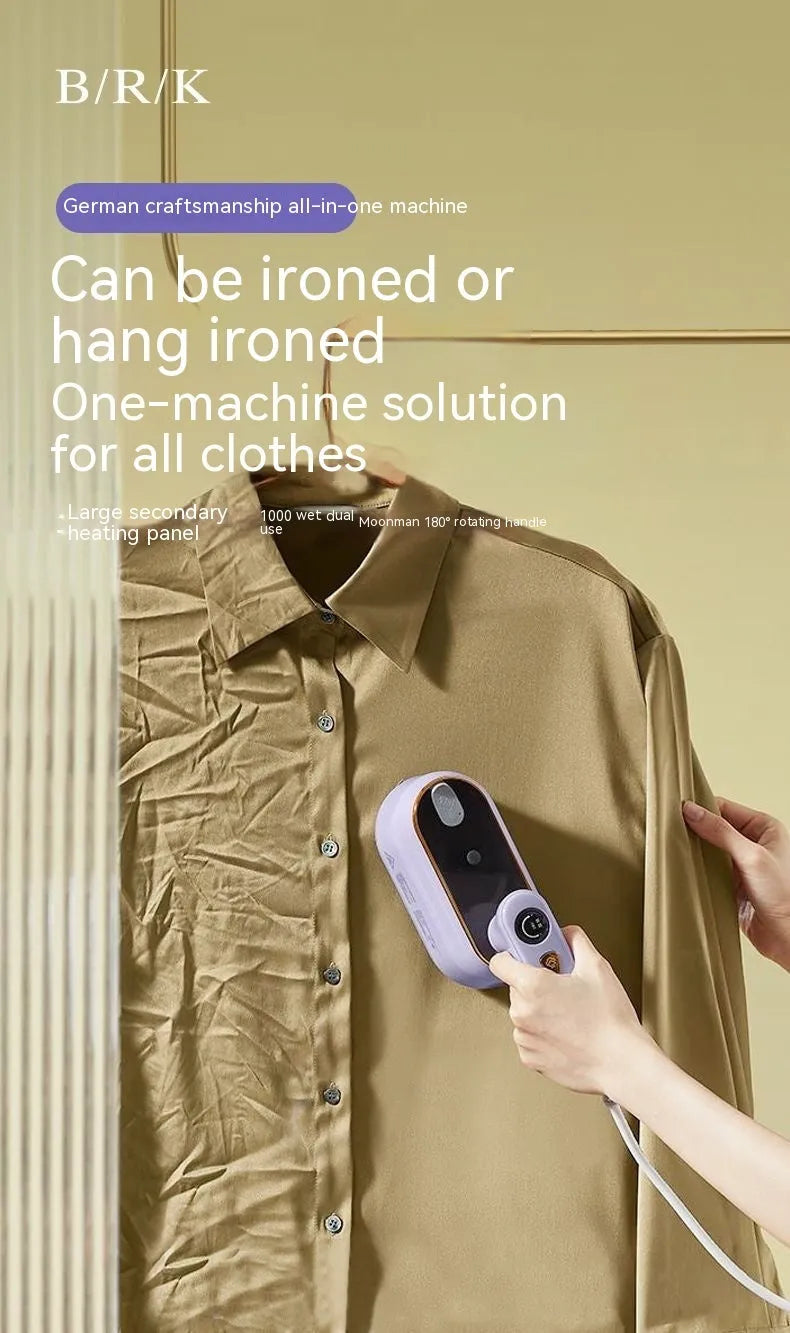 Foldable portable ironing machine with ceramic baseplate in milky white colour showing plug options