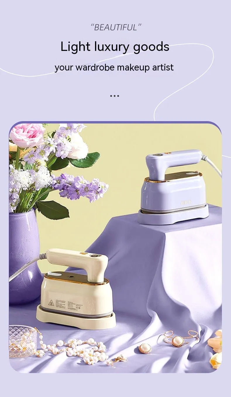 Foldable portable ironing machine with ceramic baseplate in milky white colour showing plug options