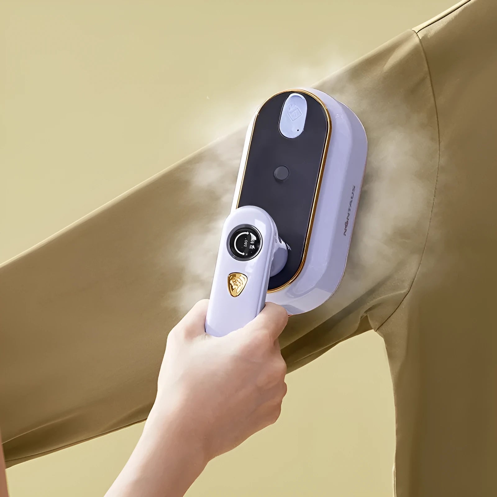 Foldable portable ironing machine with ceramic baseplate in milky white colour showing plug options