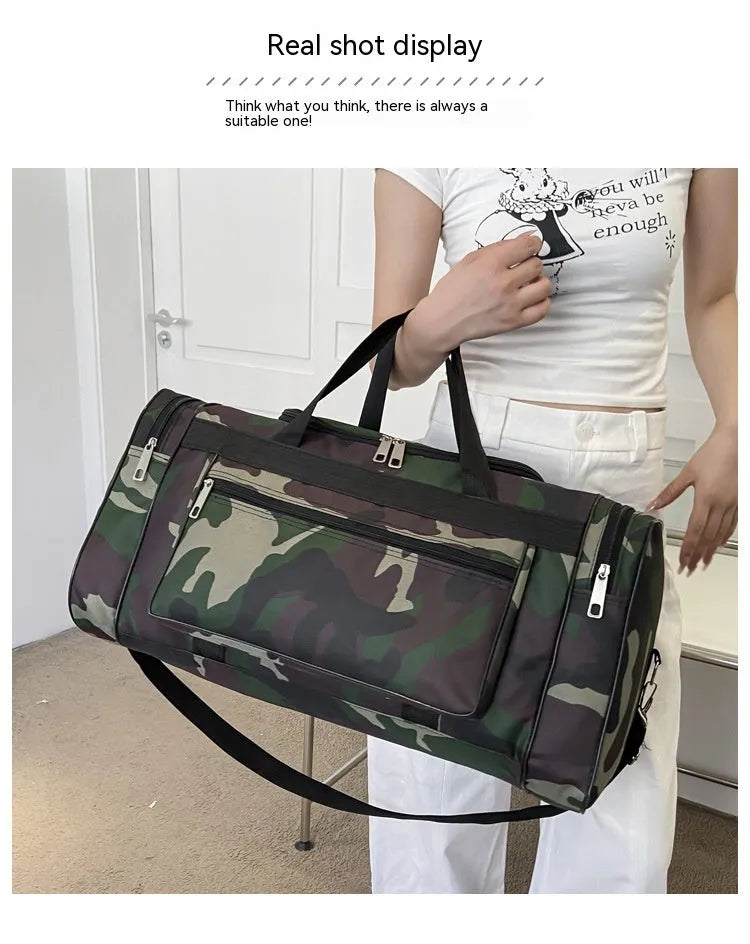 Green camouflage waterproof fabric luggage bag with striped lining.