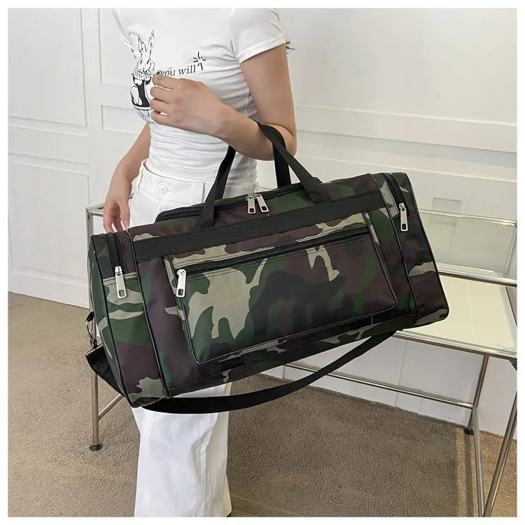 Green camouflage waterproof fabric luggage bag with striped lining.