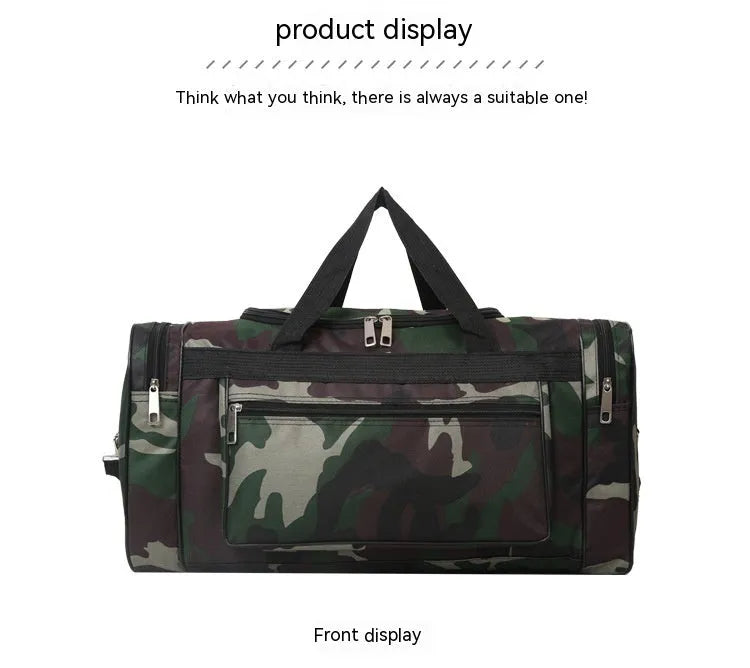 Green camouflage waterproof fabric luggage bag with striped lining.