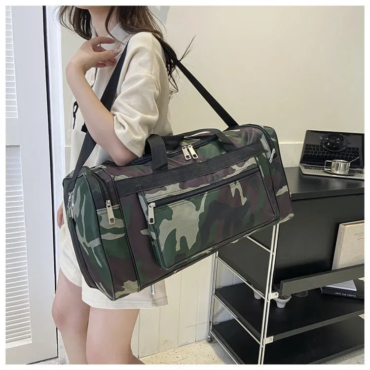 Green camouflage waterproof fabric luggage bag with striped lining.