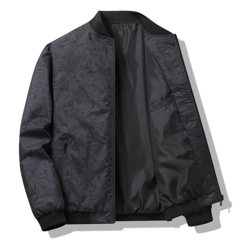 Men's autumn fashion casual jacket with floral pattern in gray, available in sizes M to 4XL, made from polyester