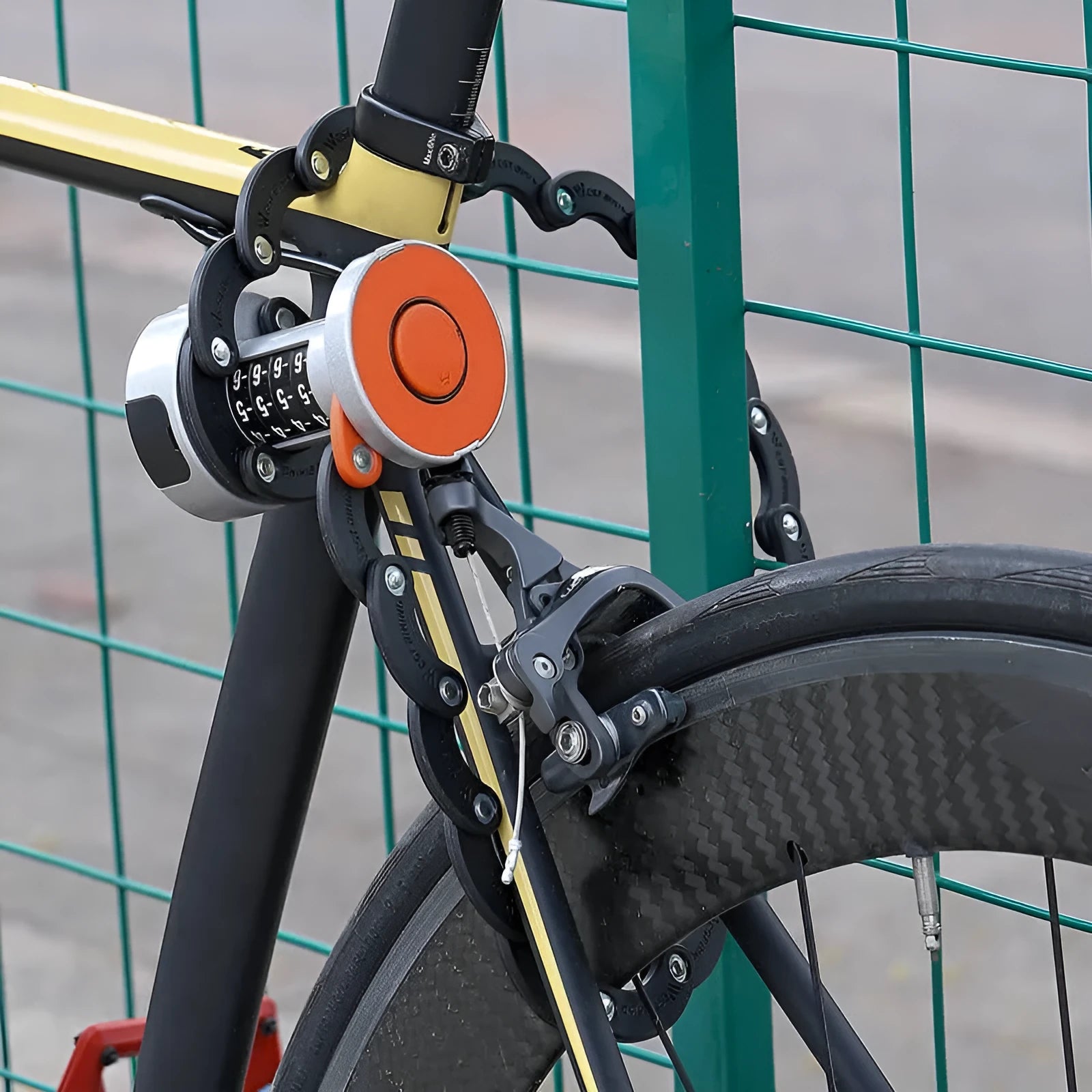 Portable bicycle folding lock in black or black orange with modern simplicity design