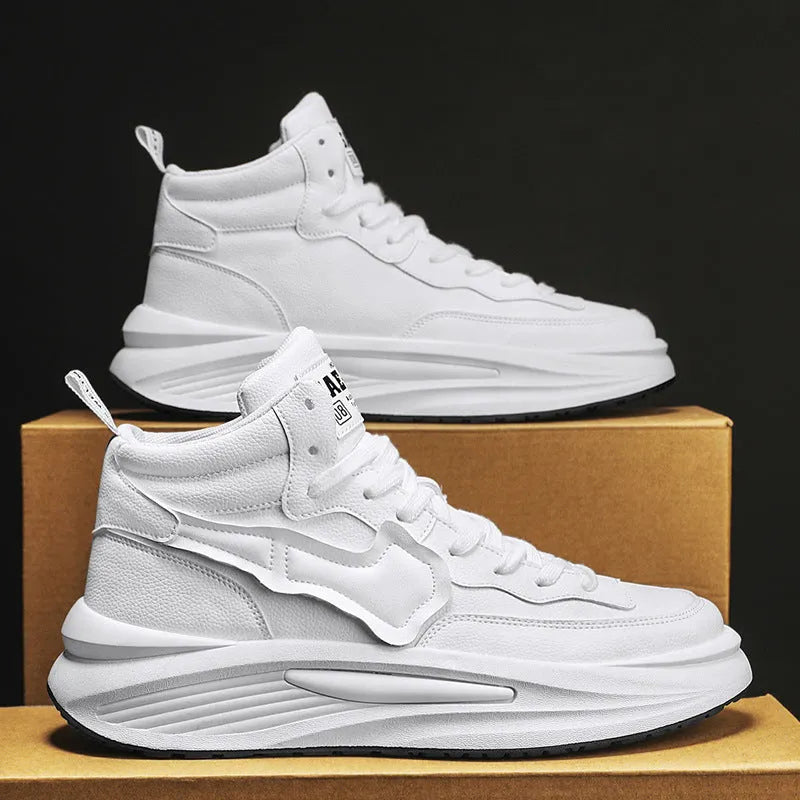 Men's black platform high-top board shoes with round toe and artificial PU upper