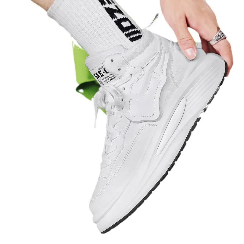 Men's black platform high-top board shoes with round toe and artificial PU upper