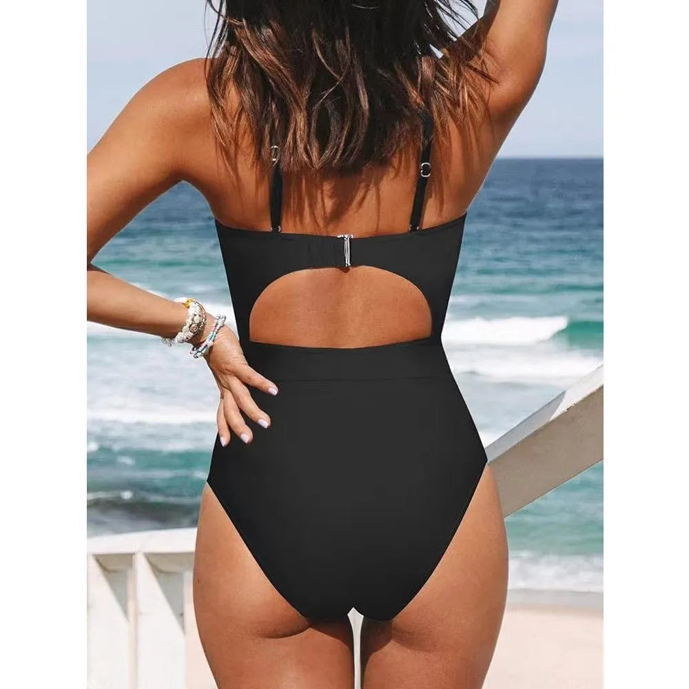 Women's backless one-piece swimsuit in solid colour with Asian sizing