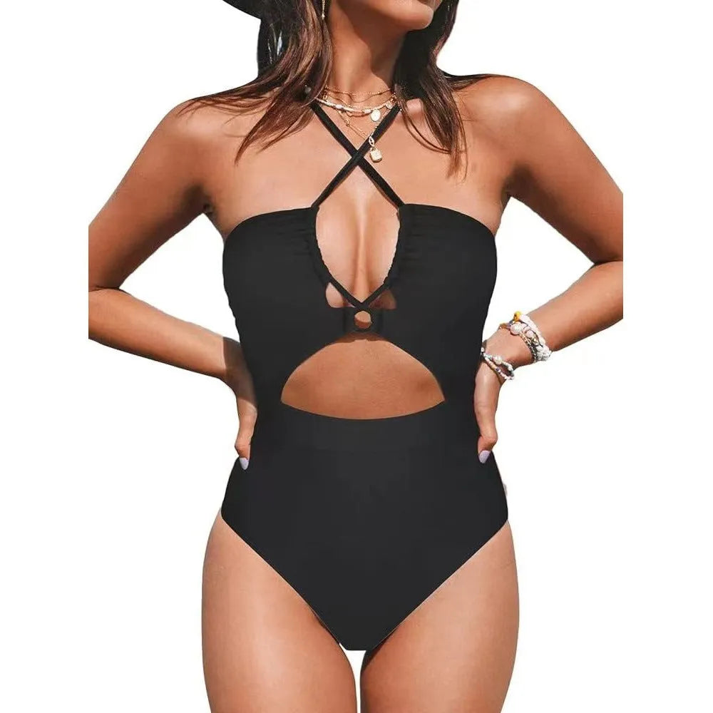 Women's backless one-piece swimsuit in solid colour with Asian sizing