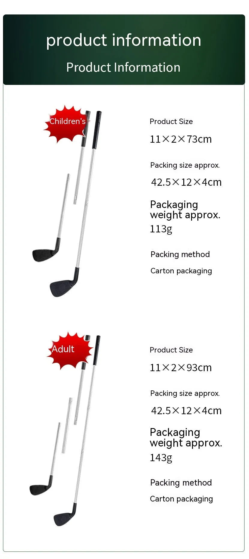 Golf metal club set with adult and child size options for outdoor practice