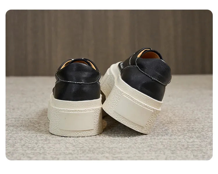 Women's black platform sports board shoes with embossed cowhide leather and rubber sole