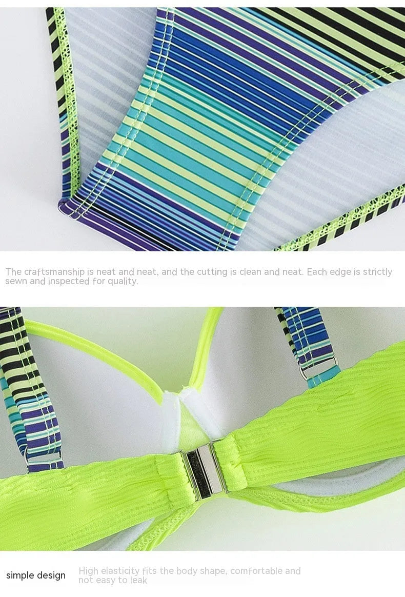 Green printed halter bikini set for women with sleeveless top and split briefs