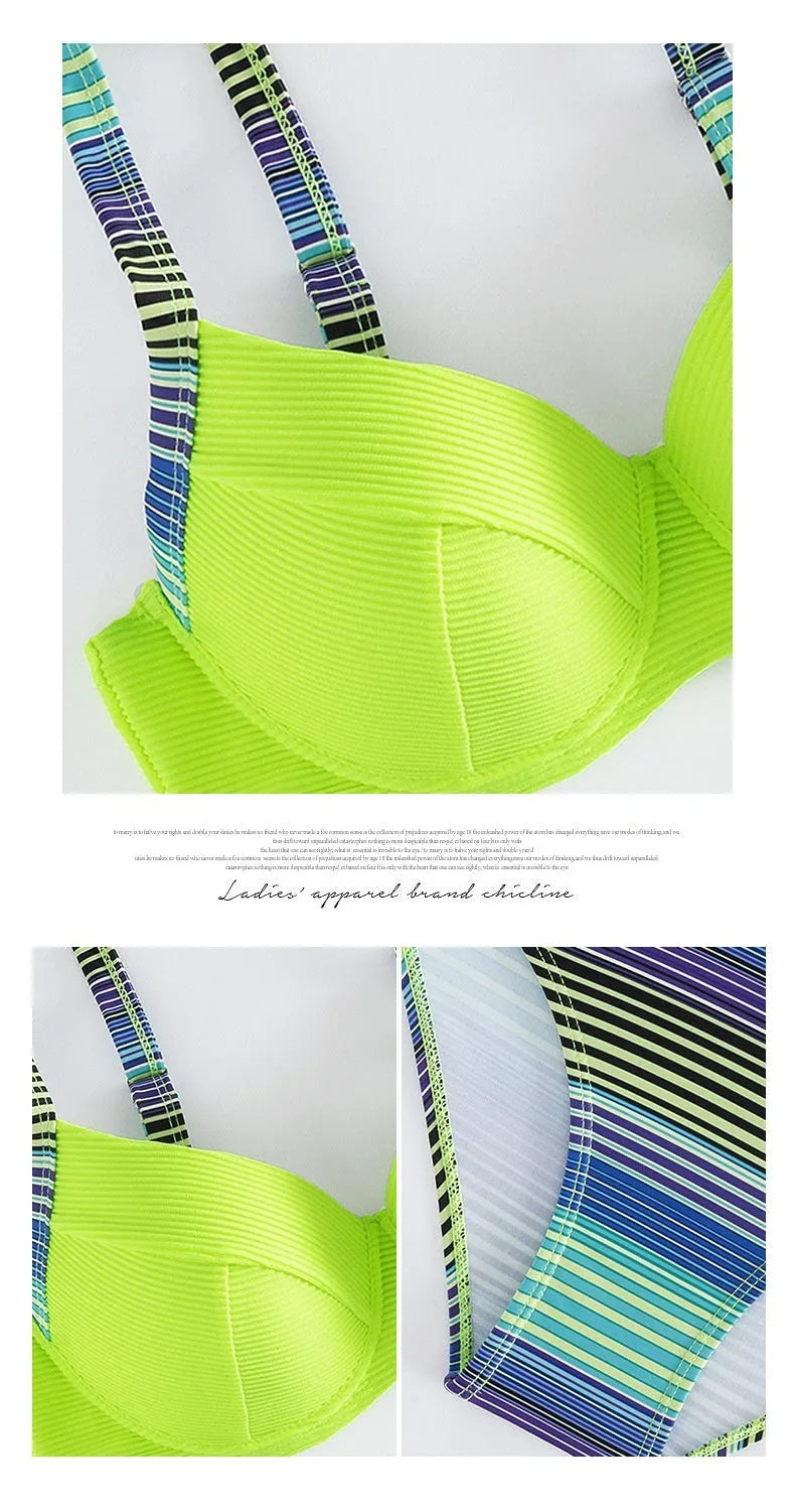 Green printed halter bikini set for women with sleeveless top and split briefs