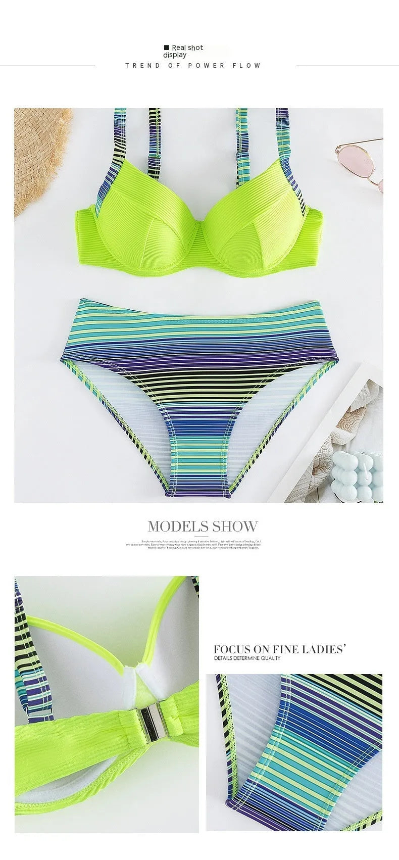 Green printed halter bikini set for women with sleeveless top and split briefs