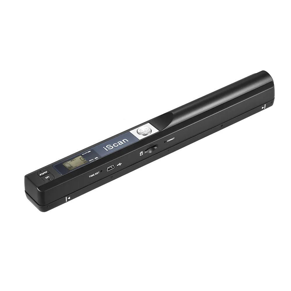 A handheld plastic barcode scanner shown in five colour options: black, blue, green, red, and silver.
