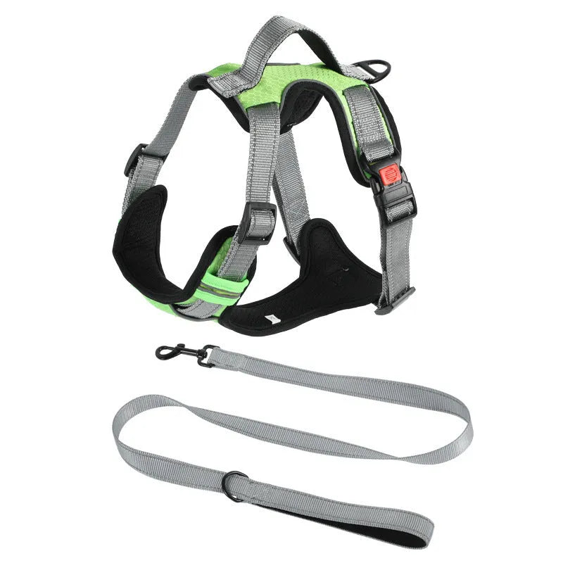 Polyester dog vest harness with chest strap and hand holding rope attachment in various colours