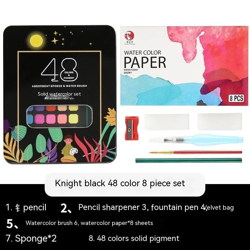 48 colour solid watercolour paint set in artist box for gouache techniques