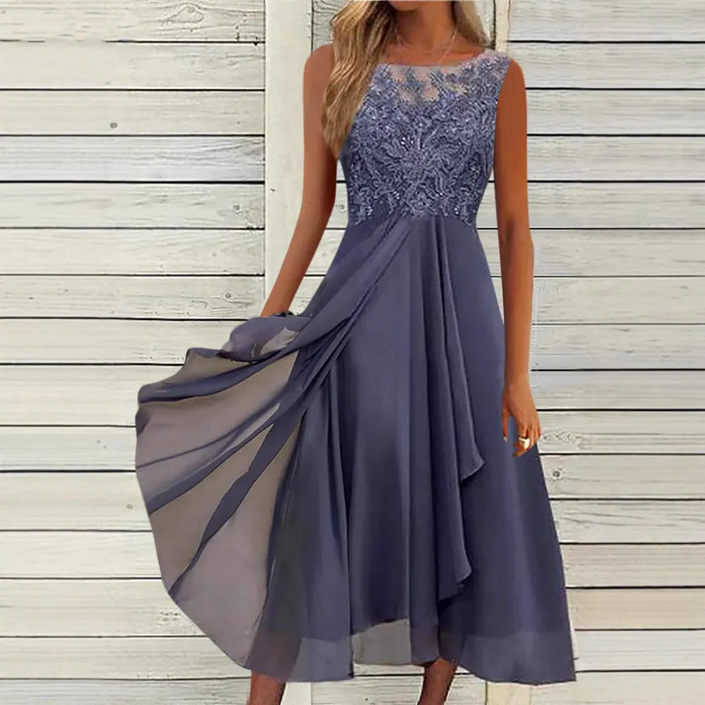 Women's sleeveless lace chiffon dress in green, purple, or blue with hollow-out stitching.