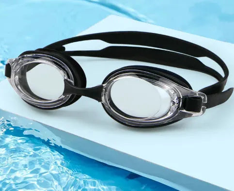 Black myopia swimming glasses with protective case, showing HD waterproof non-fogging swimming goggles.