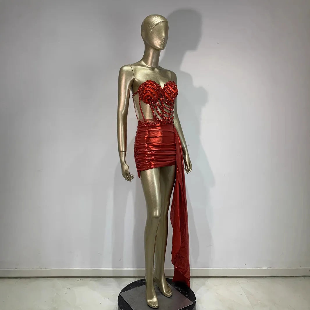 Red spandex stage skirt suit with hollow mesh see-through panels for female performers