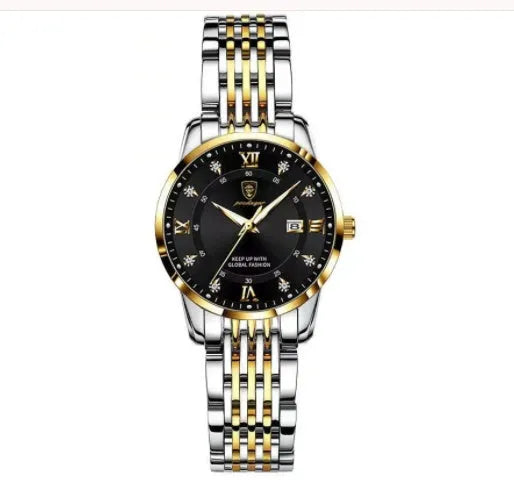 Men's quartz watch with 43mm round dial, sapphire crystal, stainless steel strap, blue face, luminous hands and calendar display