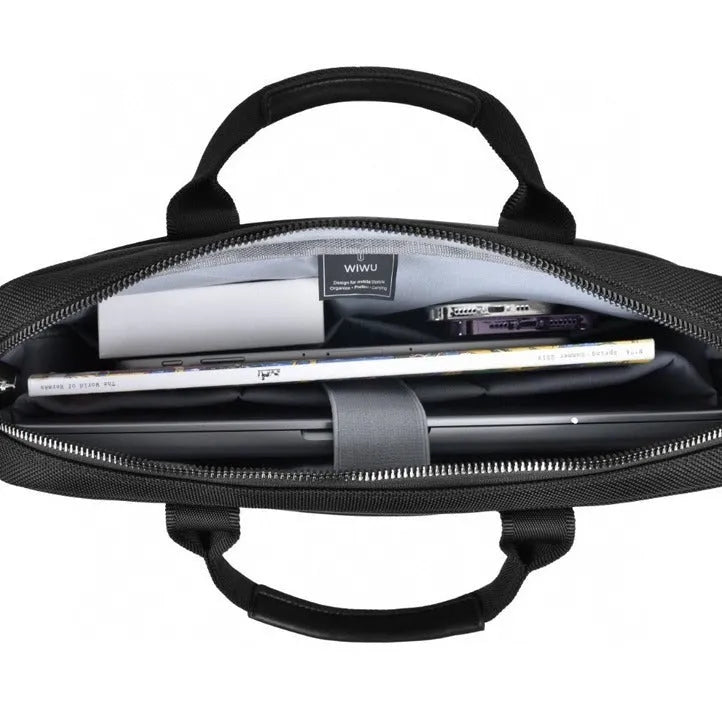 Black oxford cloth laptop backpack showing multiple pockets and a separate padded computer compartment.