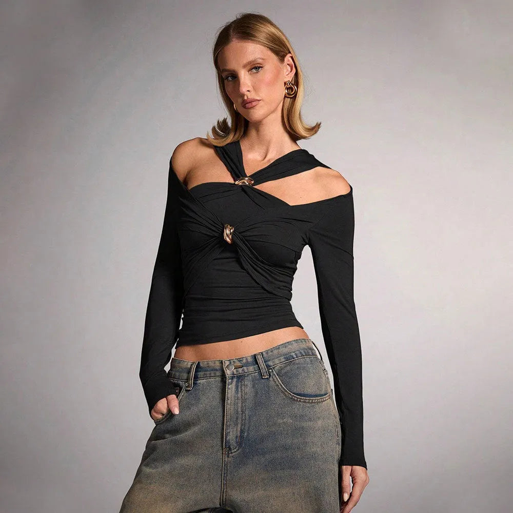 Black women's halter top with long sleeves and shoulder-baring design for slim fit fashion wear