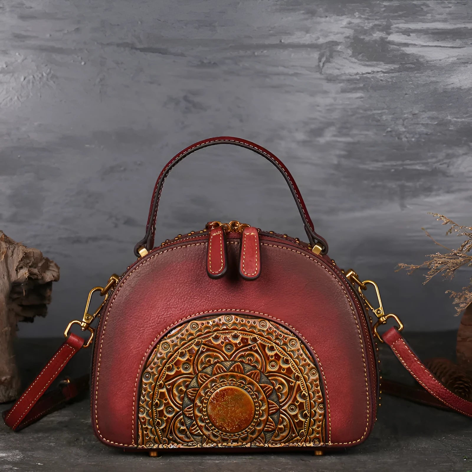 Vintage-style suede cowhide leather handbag with multiple internal organisation pockets.