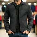 Men's casual lapel leather jacket made from polyester fibre, side seam pockets, straight hem, in black colour