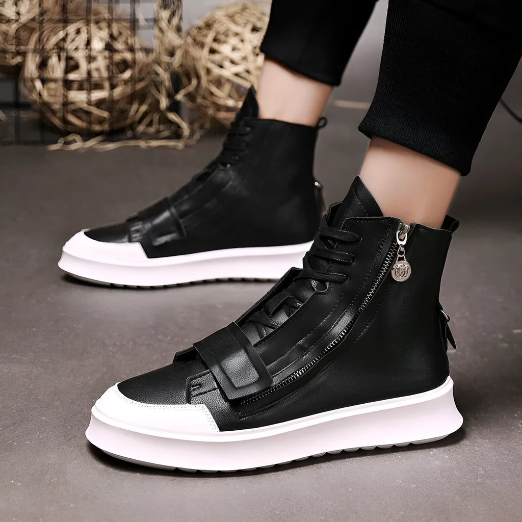 Men's black PU leather ankle boots in high-top sneaker style with microfiber construction