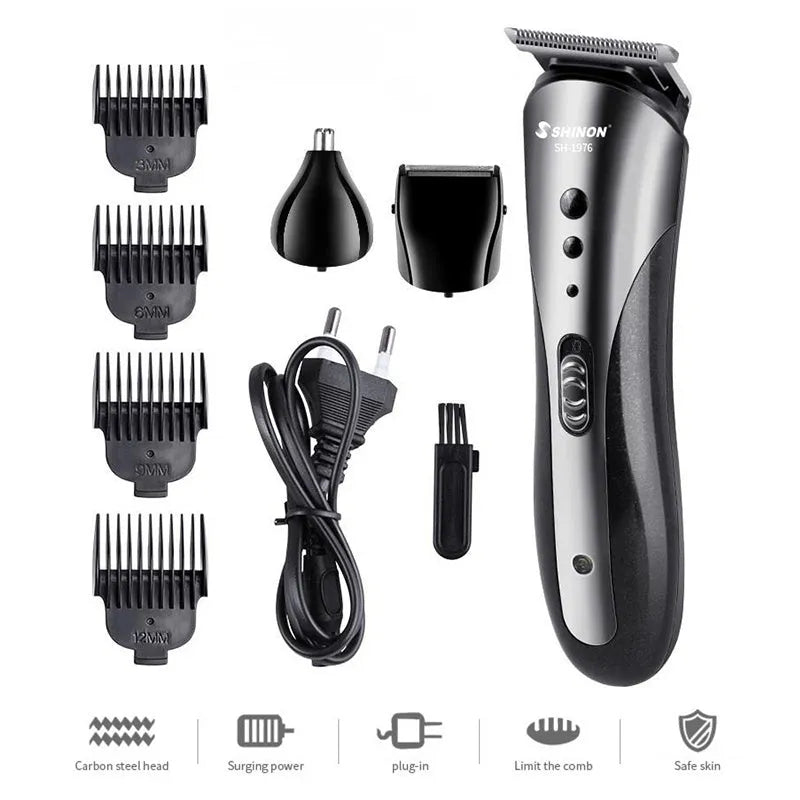 Three-in-one rechargeable men's grooming suit in compact case with attachments