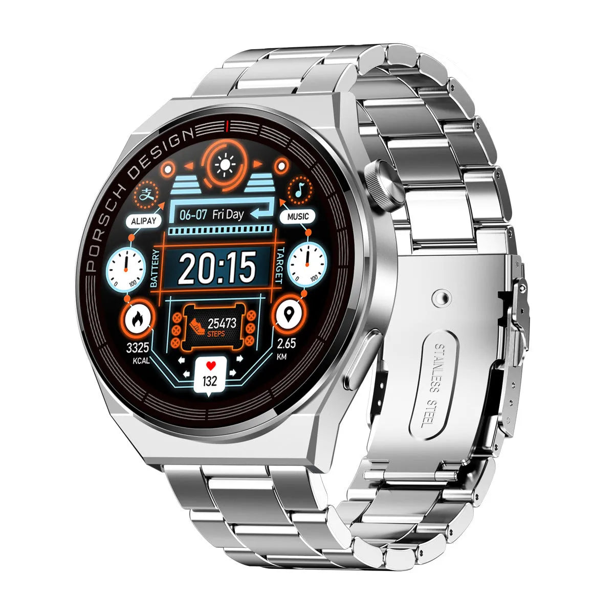 Smartwatch with 1.39 inch glass screen, black shell, black silicone strap, showing step counter screen