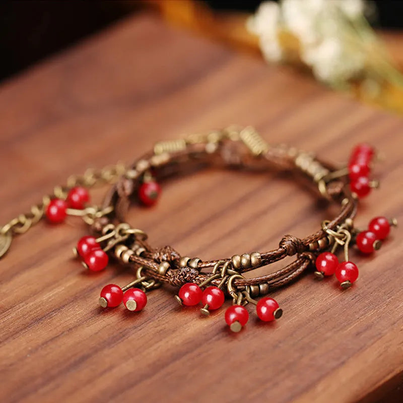 Double circle bracelet red colour quartzite jade stone handmade zinc alloy adjustable with extension chain