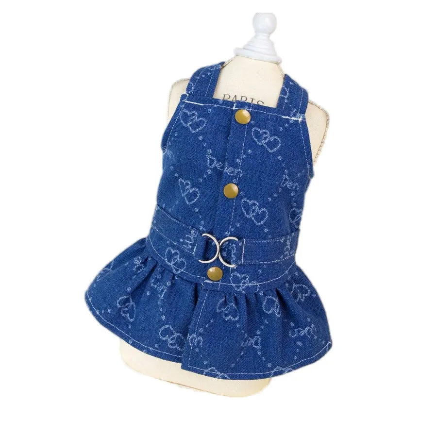 Teddy Bichon wearing thin denim princess dress with bracket-skirt design in blue denim