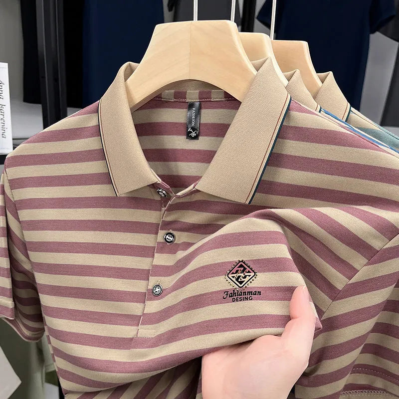 Men's striped short sleeve shirt with mosaic pattern in red, blue, or green colours