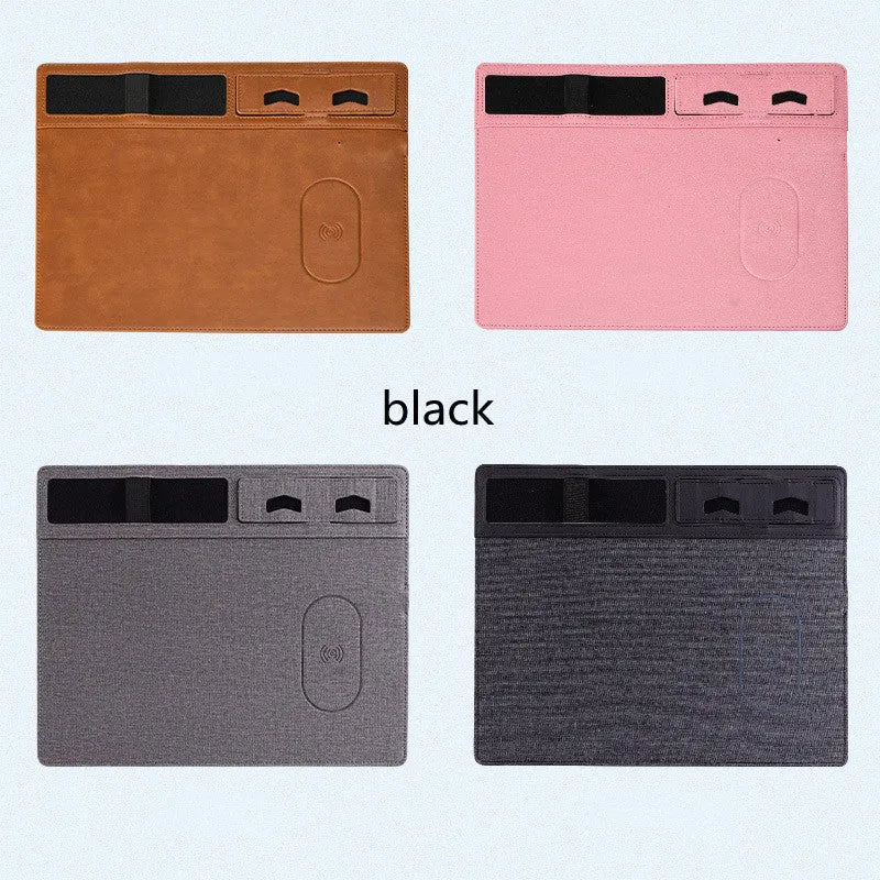 Pink wireless charging mouse pad with phone on charging area and mouse on PU leather surface