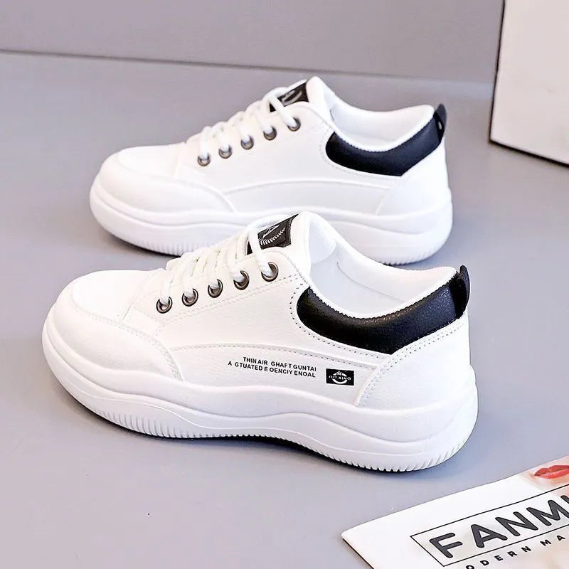 Women's Korean-style white synthetic leather casual shoes with cross straps and round toe