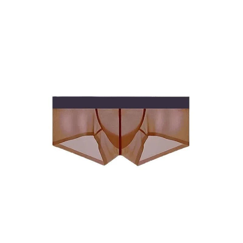 Men's low waist seamless underwear in sheer ice silk nylon fabric, shown in multiple colours.