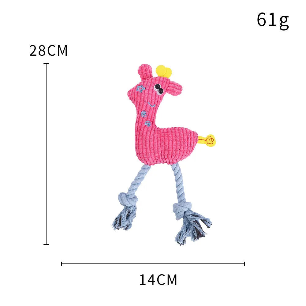 Blue plush deer-shaped dog toy with corn grain texture and sound function.