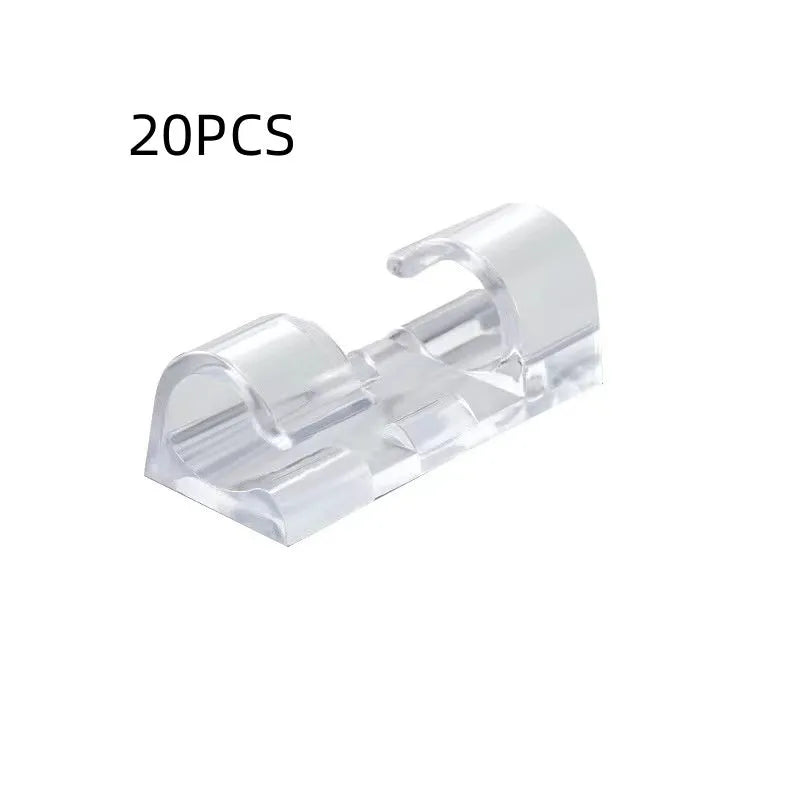 Transparent plastic self-adhesive cable organiser clips in four size options for wire management