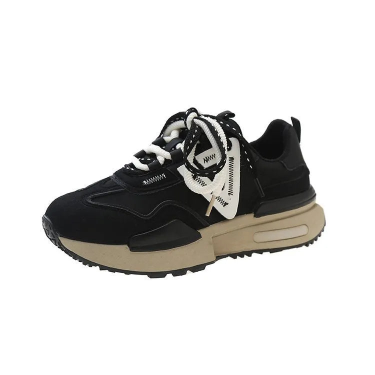 Women's black and khaki red retro platform sports shoes with round toe and lace-up front