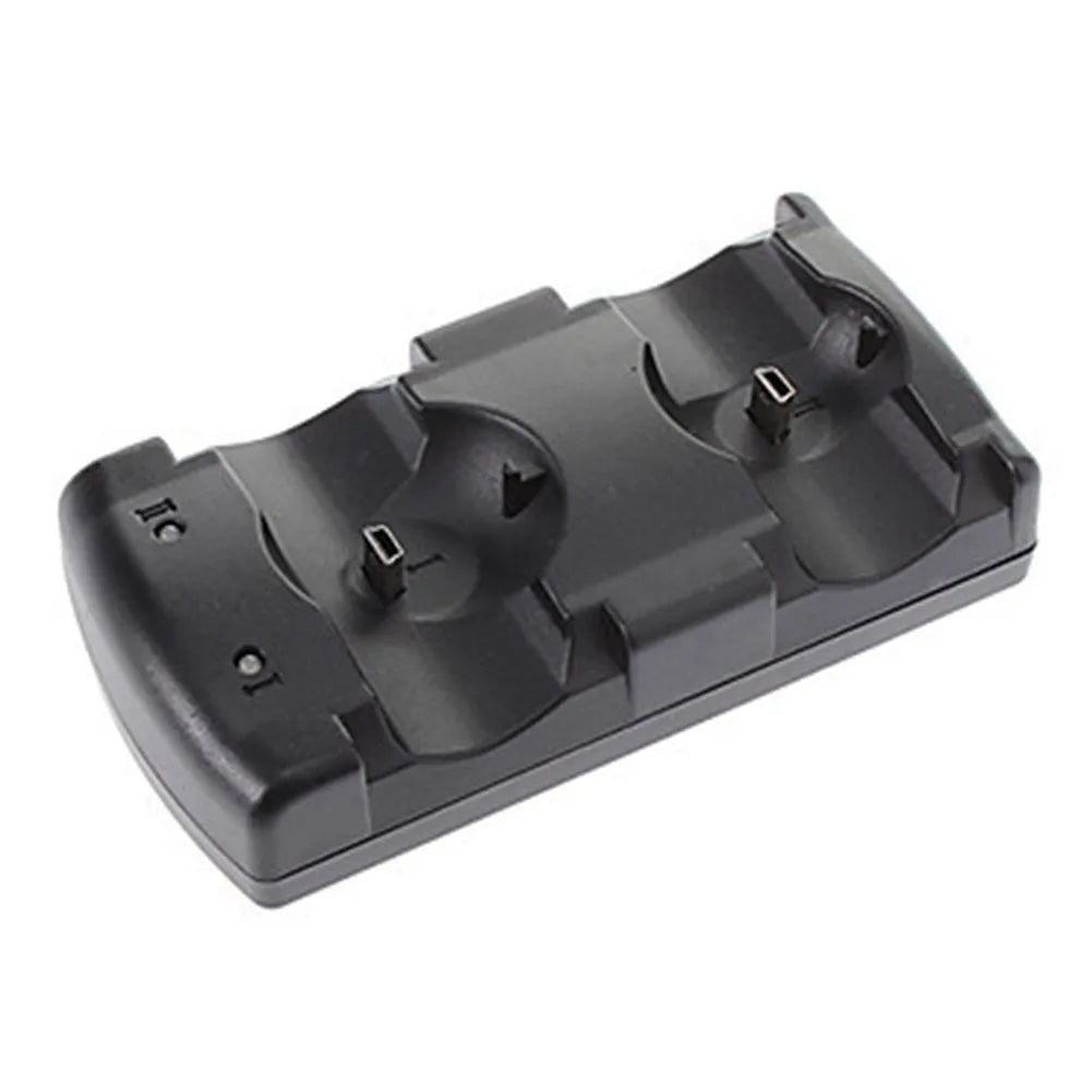 Black PS3 dual controller charging dock with two ports and a USB cable.